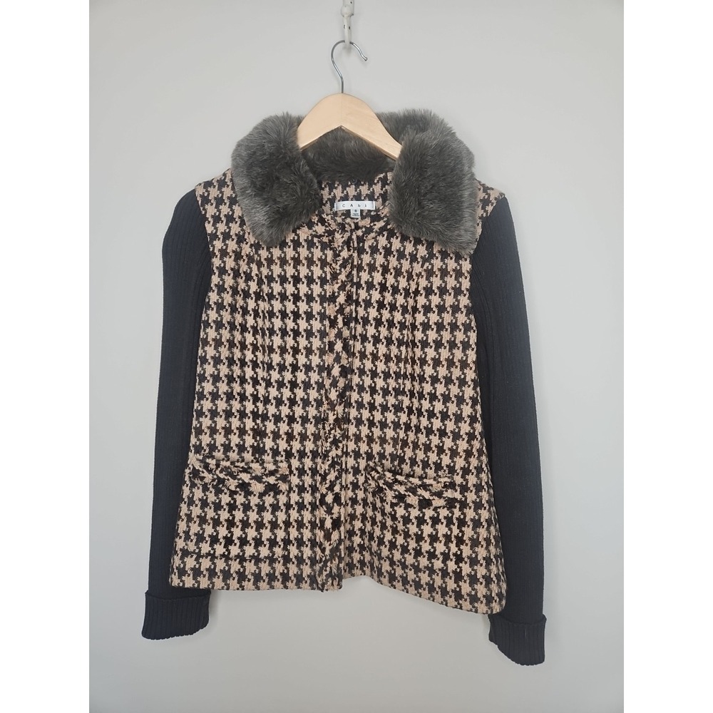 CAbi Sweater Jacket 8 Houndstooth Wool Cotton Academia College Preppy Faux Fur